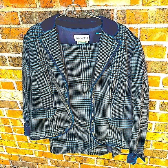 Worth Wool Suit Plaid With Blue Velvet Trim. Straight Skirt Woman’s Size 16 - Picture 5 of 16